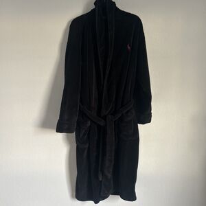 Polo Ralph Lauren Bath Robe Black w Red Pony Plush Loungewear Warm & Cozy OS